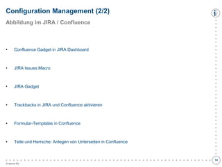 Configuration Management (2/2)
Abbildung im JIRA / Confluence

Confluence Gadget in JIRA Dashboard

•

JIRA Issues Macro

•

JIRA Gadget

•

Trackbacks in JIRA und Confluence aktivieren

•

Formular-Templates in Confluence

•

Teile und Herrsche: Anlegen von Unterseiten in Confluence

●
●
●
●
●
●
●
●
●
●
●
●
●
●
●
●
●
●
●
●
●
●
●
●
●
●
●
●
●
●
●
●
●
●
●
●
●
●
●
●
●
●
●
●
●
●
●
●
●
●
●
●
●
●
●
●

•

© itemis AG

●
●
●
●
●
●
●
●
●
●
●
●
●
●
●
●
●
●
●
●
●
●
●
●
●
●
●
●
●
●
●
●
●
●
●
●
●
14

 