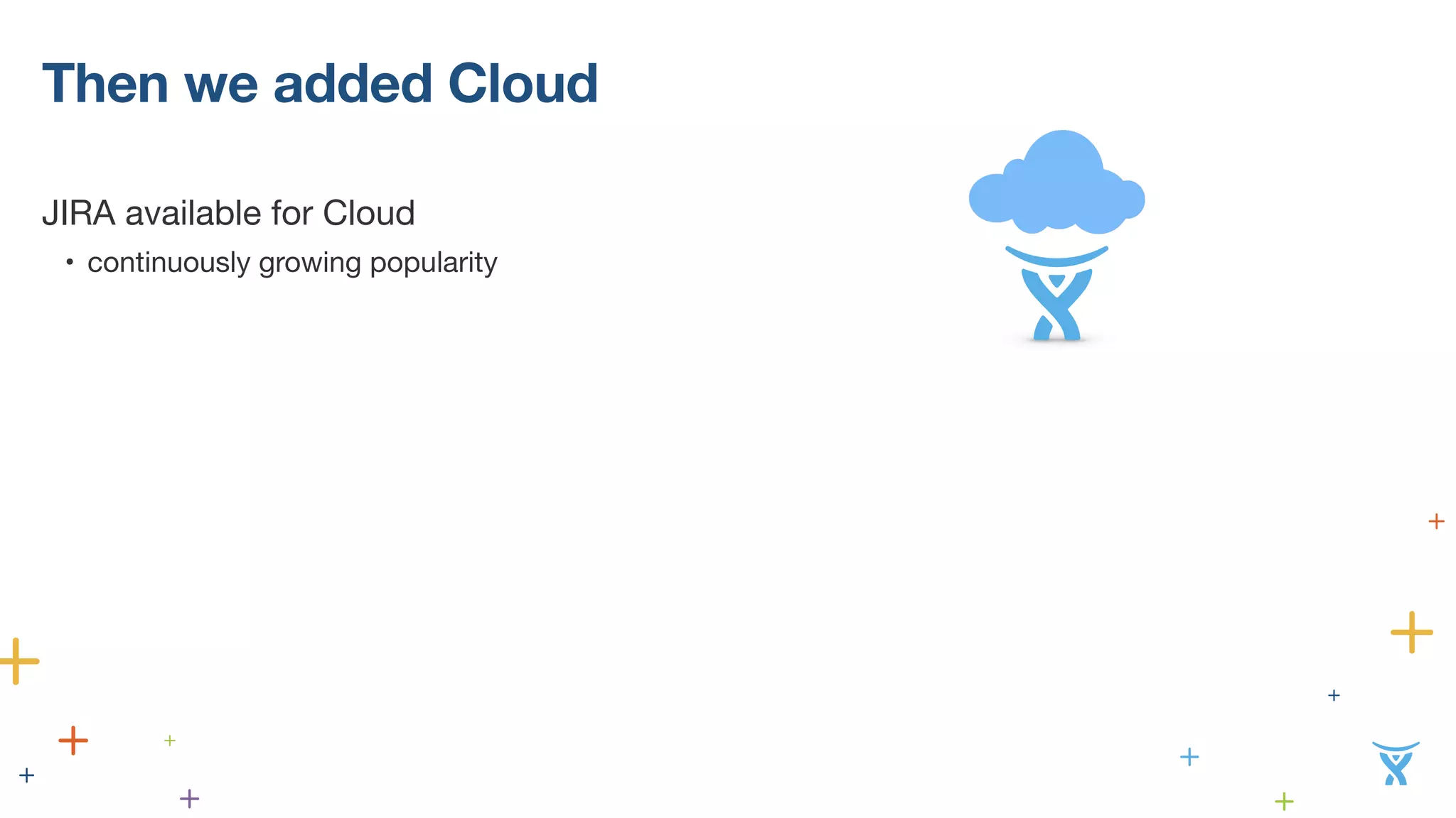 Then we added Cloud 
JIRA available for Cloud 
• continuously growing popularity 
! 
! 
 