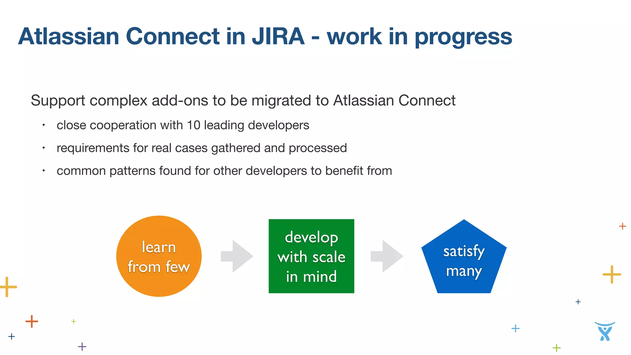 Atlassian Connect in JIRA - work in progress 
! 
Support complex add-ons to be migrated to Atlassian Connect 
• close cooperation with 10 leading developers 
• requirements for real cases gathered and processed 
• common patterns found for other developers to benefit from 
learn 
from few 
develop 
with scale 
in mind 
satisfy 
many 
 