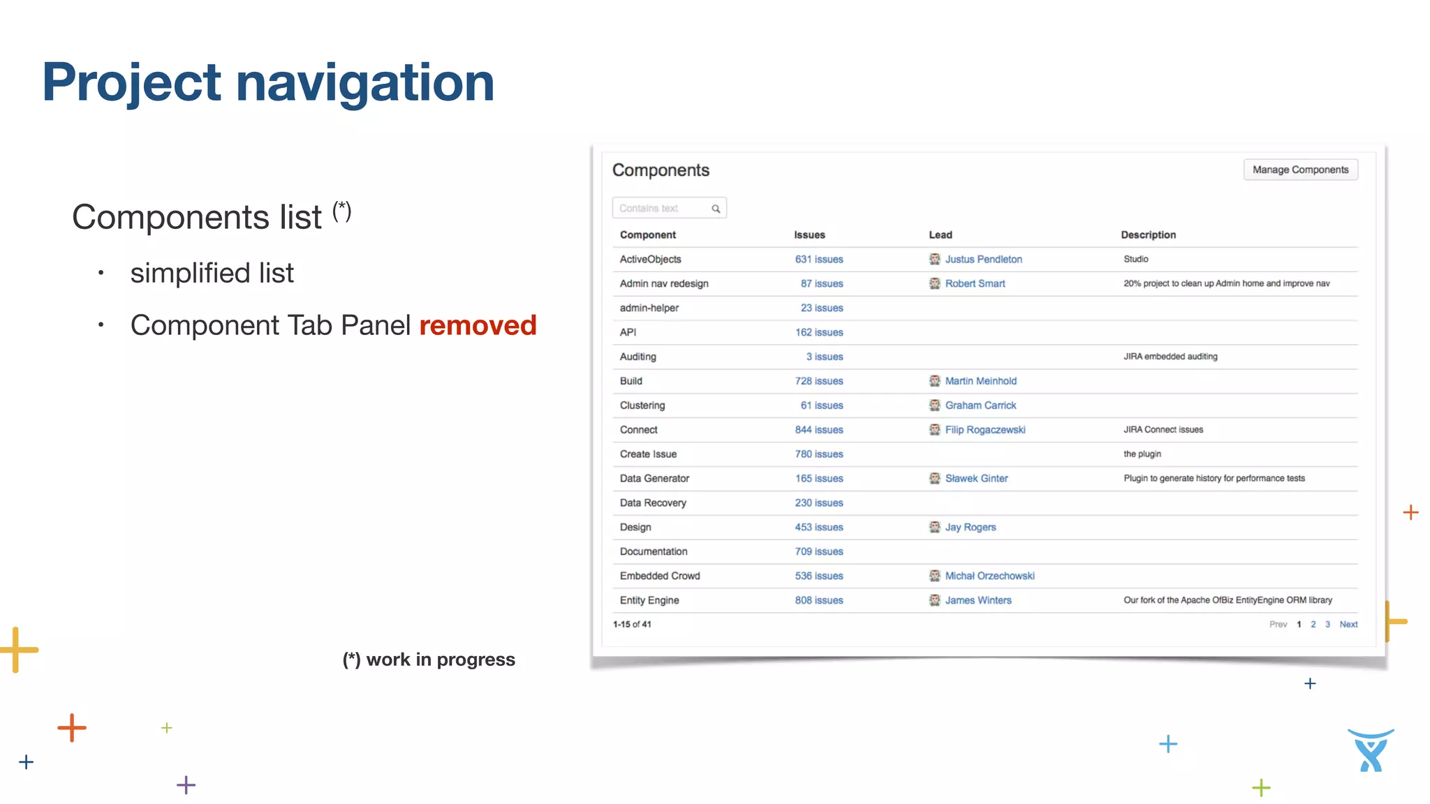 Project navigation 
Components list (*) 
• simplified list 
• Component Tab Panel removed 
! 
! 
! 
! 
(*) work in progress 
 