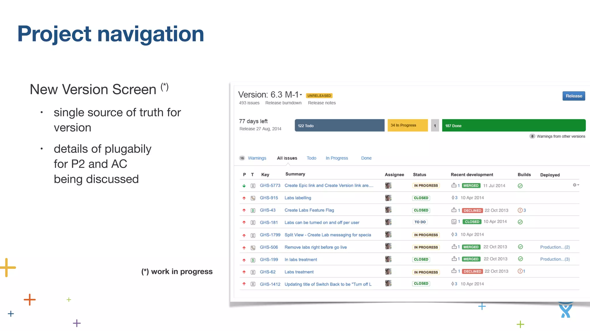 Project navigation 
New Version Screen (*) 
• single source of truth for 
version 
• details of plugabily 
for P2 and AC 
being discussed 
! 
! 
! 
! (*) work in progress 
 