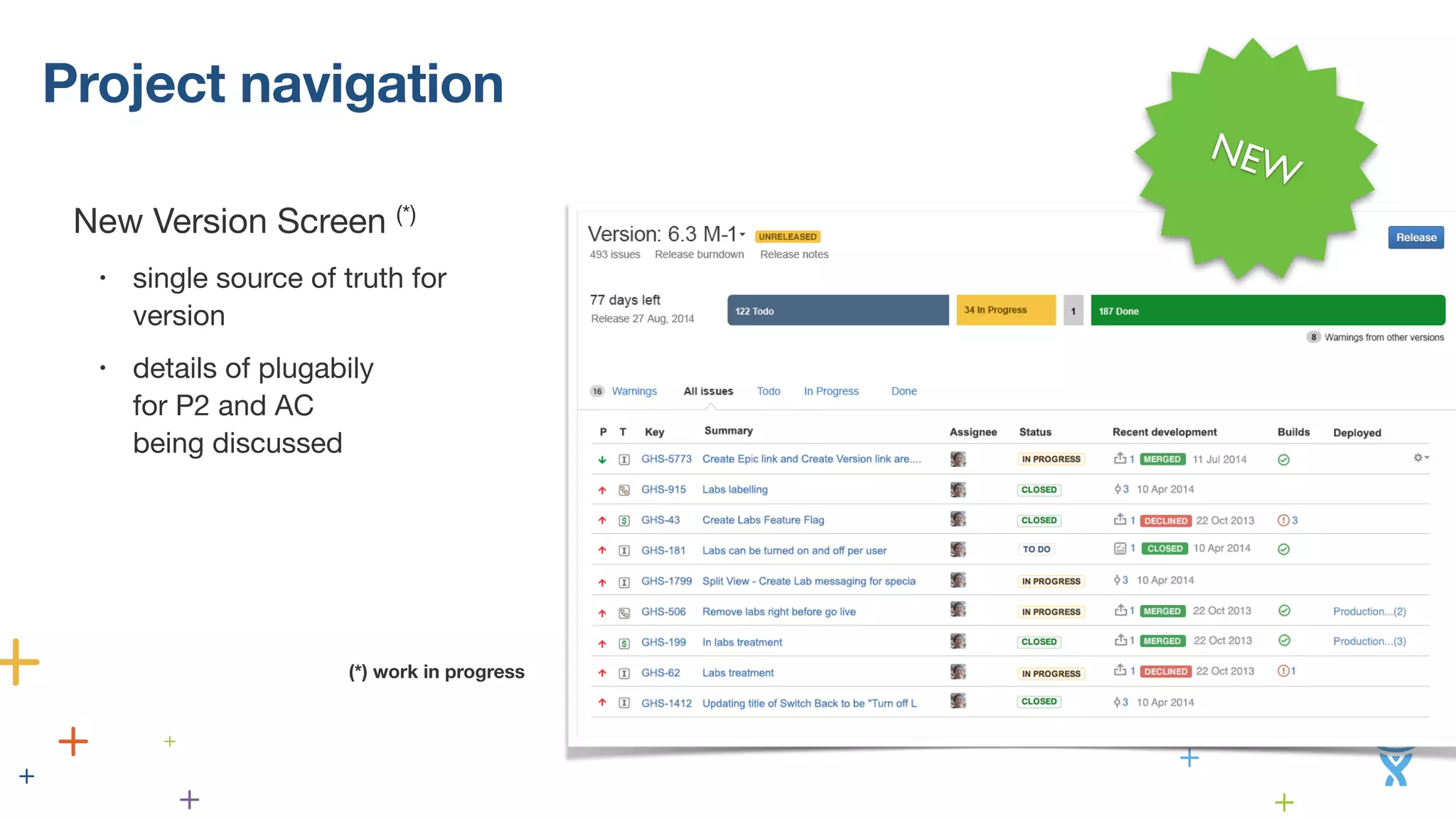 Project navigation 
New Version Screen (*) 
• single source of truth for 
version 
• details of plugabily 
for P2 and AC 
being discussed 
! 
! 
! 
! 
NEW 
(*) work in progress 
 