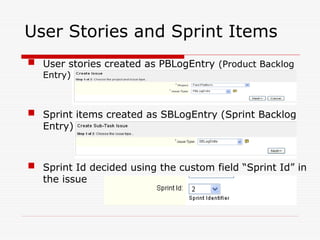 User Stories and Sprint Items
 User stories created as PBLogEntry (Product Backlog
Entry)
 Sprint items created as SBLogEntry (Sprint Backlog
Entry)
 Sprint Id decided using the custom field “Sprint Id” in
the issue
 