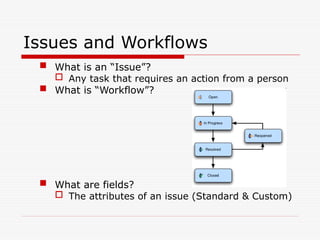 Issues and Workflows
 What is an “Issue”?
 Any task that requires an action from a person
 What is “Workflow”?
 What are fields?
 The attributes of an issue (Standard & Custom)
 