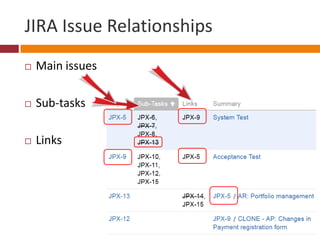 JIRA Issue Relationships
   Main issues

   Sub-tasks

   Links
 