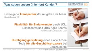 Was sagen unsere (internen) Kunden? 
Gesteigerte Transparenz der Aufgaben im Team 
Claudia Schönitz, HR 
Flexibilität für Endanwender durch JQL, 
Dashboards und JIRA Agile Boards 
René Krasselt, kaufmännischer Leiter 
Durchgängige Nutzung eines einheitlichen 
Tools für alle Geschäftsprozesse bei 
Communardo 
Dirk Röhrborn, Geschäftsführer 
© Communardo Software GmbH · Kleiststraße 10 a · D-01129 Dresden/Germany · Fon +49 (351) 833 82-0 · Mail info@communardo.de · www.communardo.de Seite 
18 
 