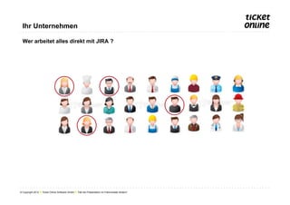 Ihr Unternehmen

  Wer arbeitet alles direkt mit JIRA ?




© Copyright 2012 ● Ticket Online Software GmbH ● Titel der Präsentation im Folienmaster ändern!
 