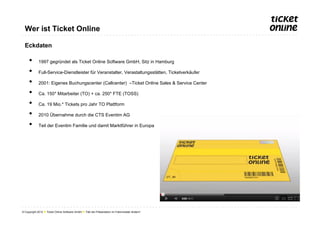 Wer ist Ticket Online

  Eckdaten

     •       1997 gegründet als Ticket Online Software GmbH, Sitz in Hamburg

     •       Full-Service-Dienstleister für Veranstalter, Verastaltungsstätten, Ticketverkäufer

     •       2001: Eigenes Buchungscenter (Callcenter) –Ticket Online Sales & Service Center

     •       Ca. 150* Mitarbeiter (TO) + ca. 250* FTE (TOSS)

     •       Ca. 19 Mio.* Tickets pro Jahr TO Plattform

     •       2010 Übernahme durch die CTS Eventim AG

     •       Teil der Eventim Familie und damit Marktführer in Europa




© Copyright 2012 ● Ticket Online Software GmbH ● Titel der Präsentation im Folienmaster ändern!
 