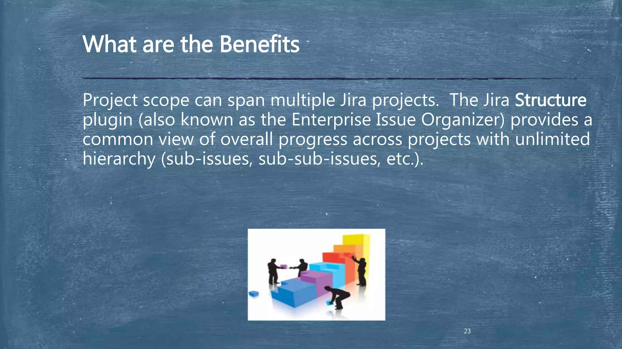 What are the Benefits
Project scope can span multiple Jira projects. The Jira Structure
plugin (also known as the Enterprise Issue Organizer) provides a
common view of overall progress across projects with unlimited
hierarchy (sub-issues, sub-sub-issues, etc.).
23
 