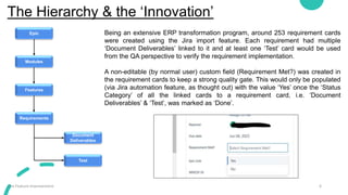 The Hierarchy & the ‘Innovation’
6
Jira Feature Improvement
Epic
Modules
Features
Requirements
Document
Deliverables
Test
Being an extensive ERP transformation program, around 253 requirement cards
were created using the Jira import feature. Each requirement had multiple
‘Document Deliverables’ linked to it and at least one ‘Test’ card would be used
from the QA perspective to verify the requirement implementation.
A non-editable (by normal user) custom field (Requirement Met?) was created in
the requirement cards to keep a strong quality gate. This would only be populated
(via Jira automation feature, as thought out) with the value ‘Yes’ once the ‘Status
Category’ of all the linked cards to a requirement card, i.e. ‘Document
Deliverables’ & ‘Test’, was marked as ‘Done’.
 