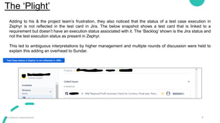 The ‘Plight’
8
Jira Feature Improvement
Test Case status in Zephyr is not reflected in JIRA
Adding to his & the project team’s frustration, they also noticed that the status of a test case execution in
Zephyr is not reflected in the test card in Jira. The below snapshot shows a test card that is linked to a
requirement but doesn’t have an execution status associated with it. The ‘Backlog’ shown is the Jira status and
not the test execution status as present in Zephyr.
This led to ambiguous interpretations by higher management and multiple rounds of discussion were held to
explain this adding an overhead to Sundar.
 
