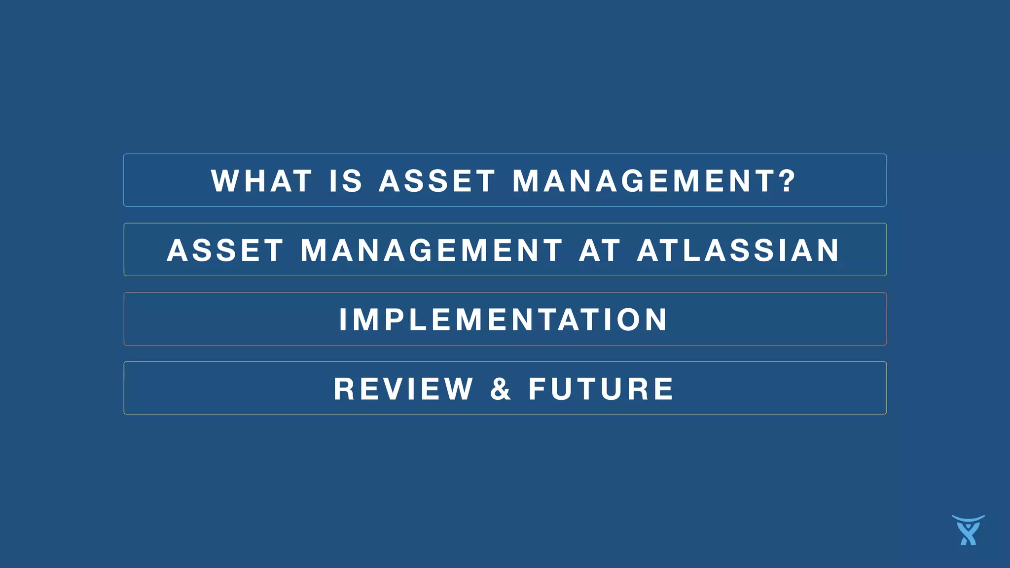 WHAT IS ASSET MANAGEMENT? 
ASSET MANAGEMENT AT ATLASSIAN 
IMPLEMENTATION 
REVIEW & FUTURE 
 