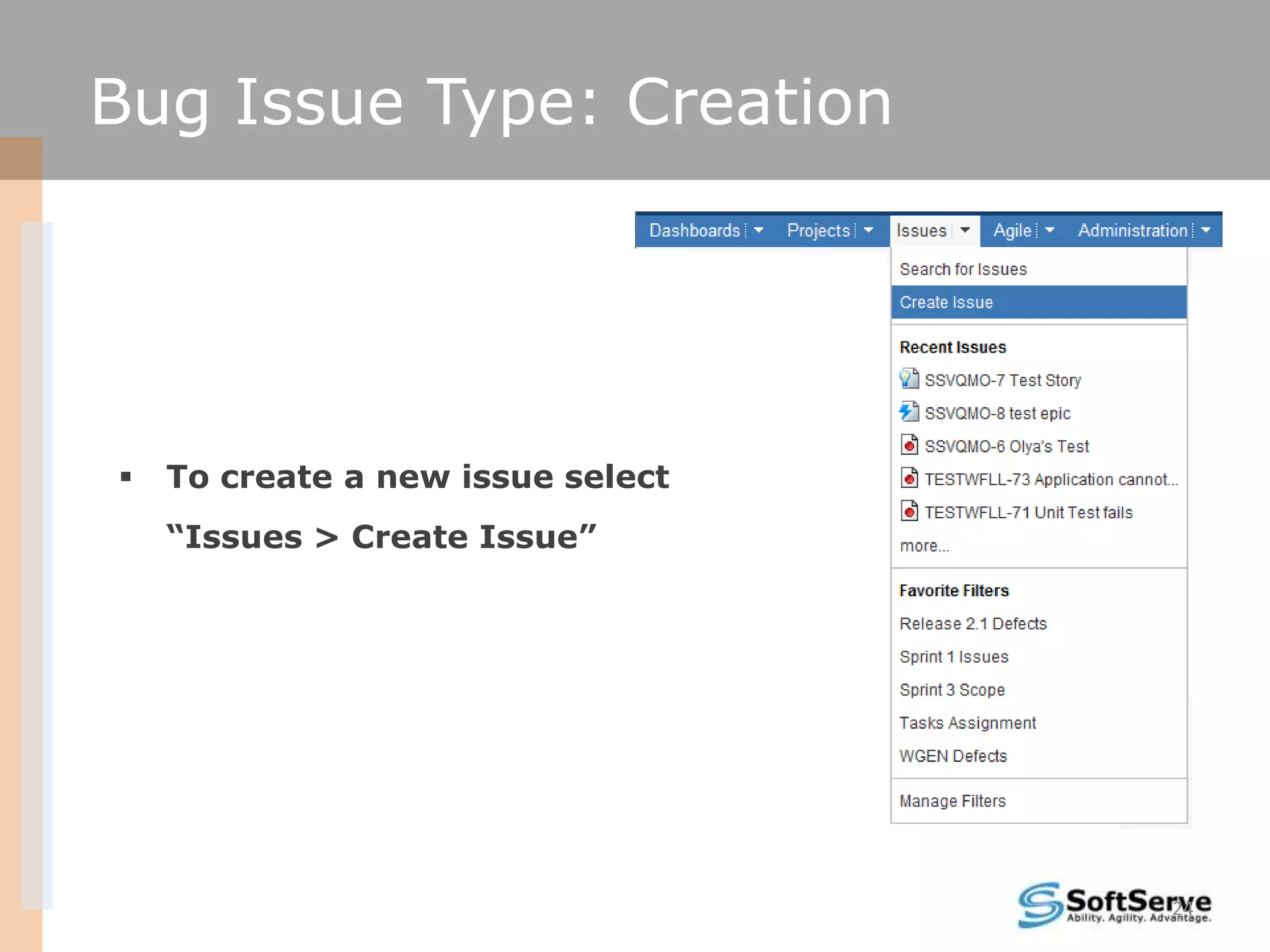 Bug Issue Type: Creation




   To create a new issue select
    “Issues > Create Issue”




                                   24
 