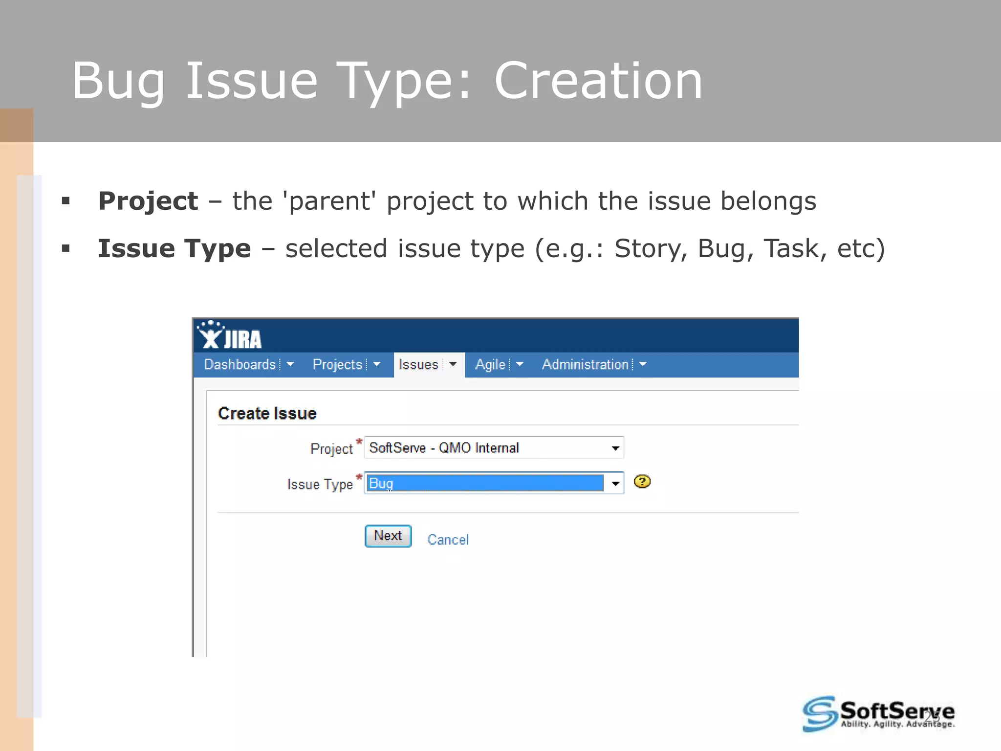 Bug Issue Type: Creation

   Project – the 'parent' project to which the issue belongs
   Issue Type – selected issue type (e.g.: Story, Bug, Task, etc)




                                                                     25
 