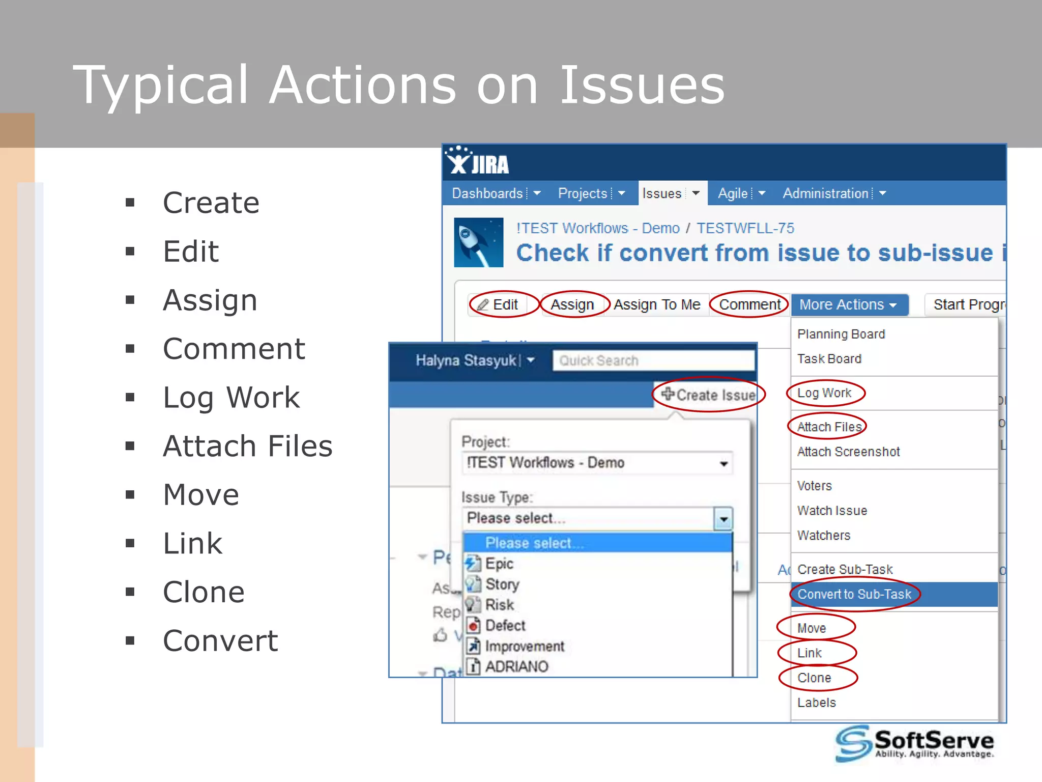 Typical Actions on Issues

  Create
  Edit
  Assign
  Comment
  Log Work
  Attach Files
  Move
  Link
  Clone
  Convert
 