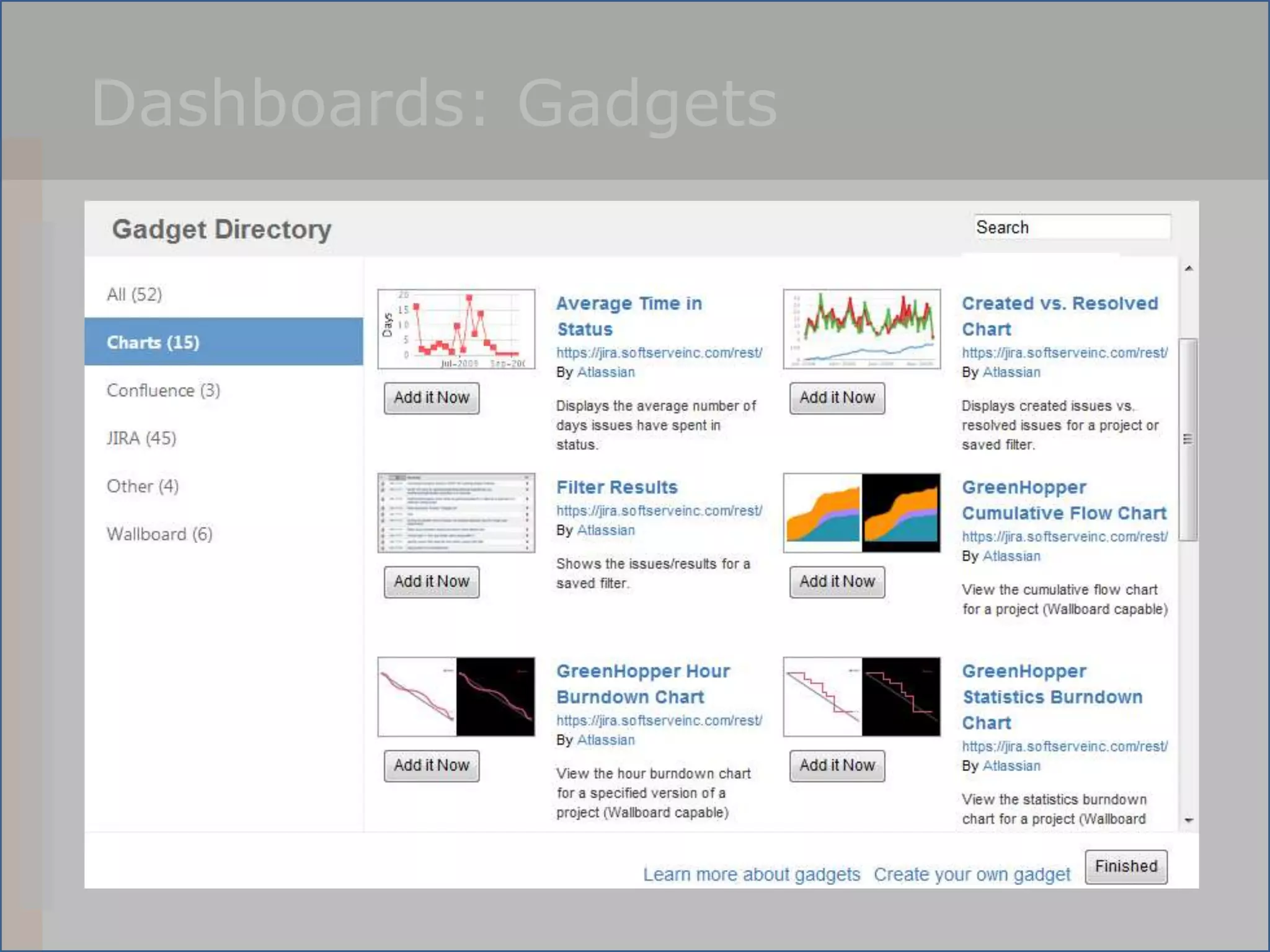 Dashboards: Gadgets

 The information boxes on the Dashboard are called Gadgets

 Gadgets Categories:

   – Charts

   – Confluence

   – JIRA

   – Wallboard

   – Other
 