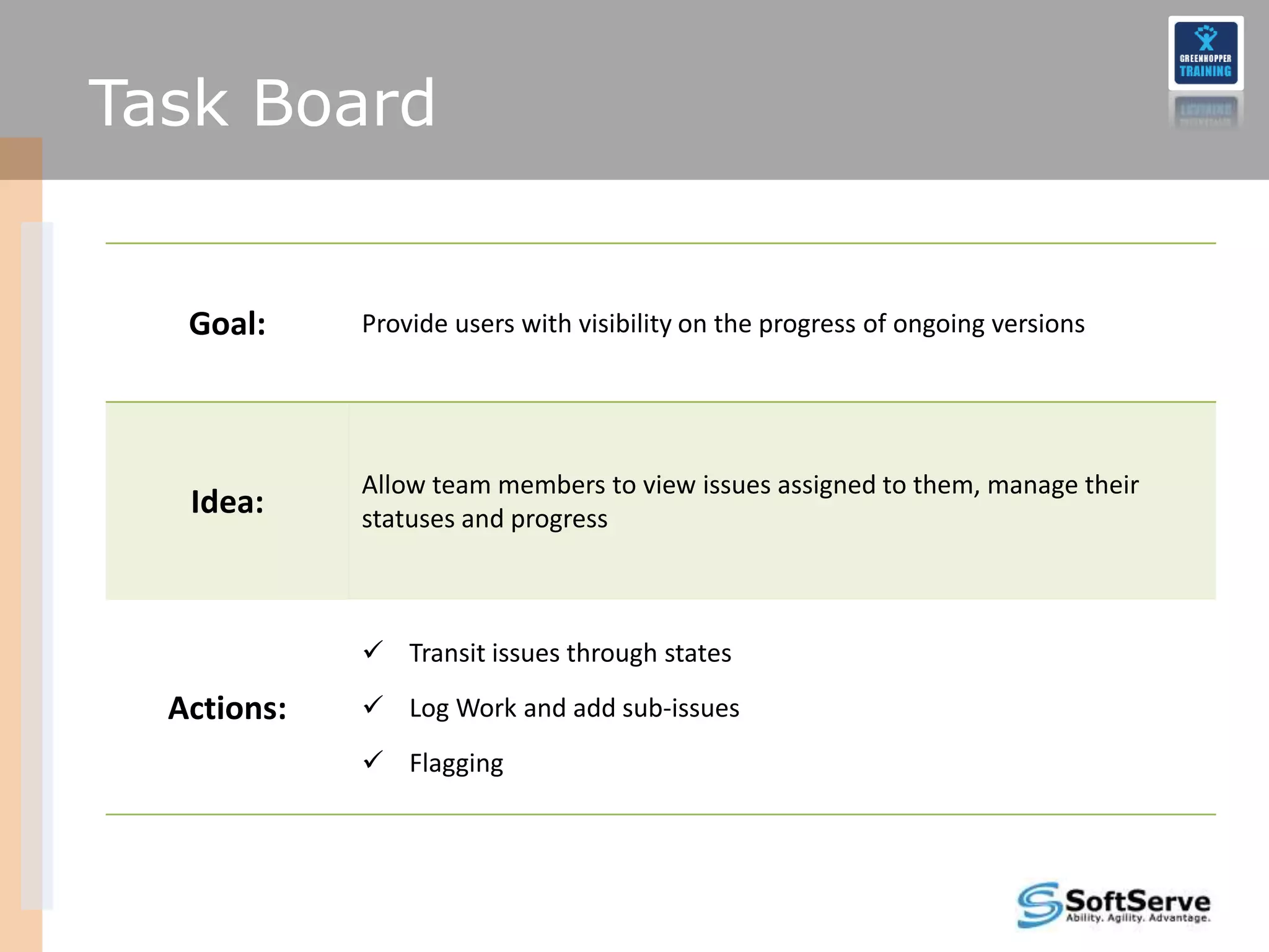 Task Board


   Goal:     Provide users with visibility on the progress of ongoing versions




             Allow team members to view issues assigned to them, manage their
   Idea:     statuses and progress



              Transit issues through states

  Actions:    Log Work and add sub-issues
              Flagging
 
