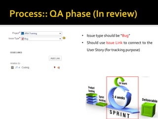 19
• Issue type should be “Bug”
• Should use Issue Link to connect to the
User Story (for tracking purpose)
 