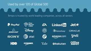 Used by over 120 of Global 500
Tempo is trusted by world leading companies, across all sectors.
 
