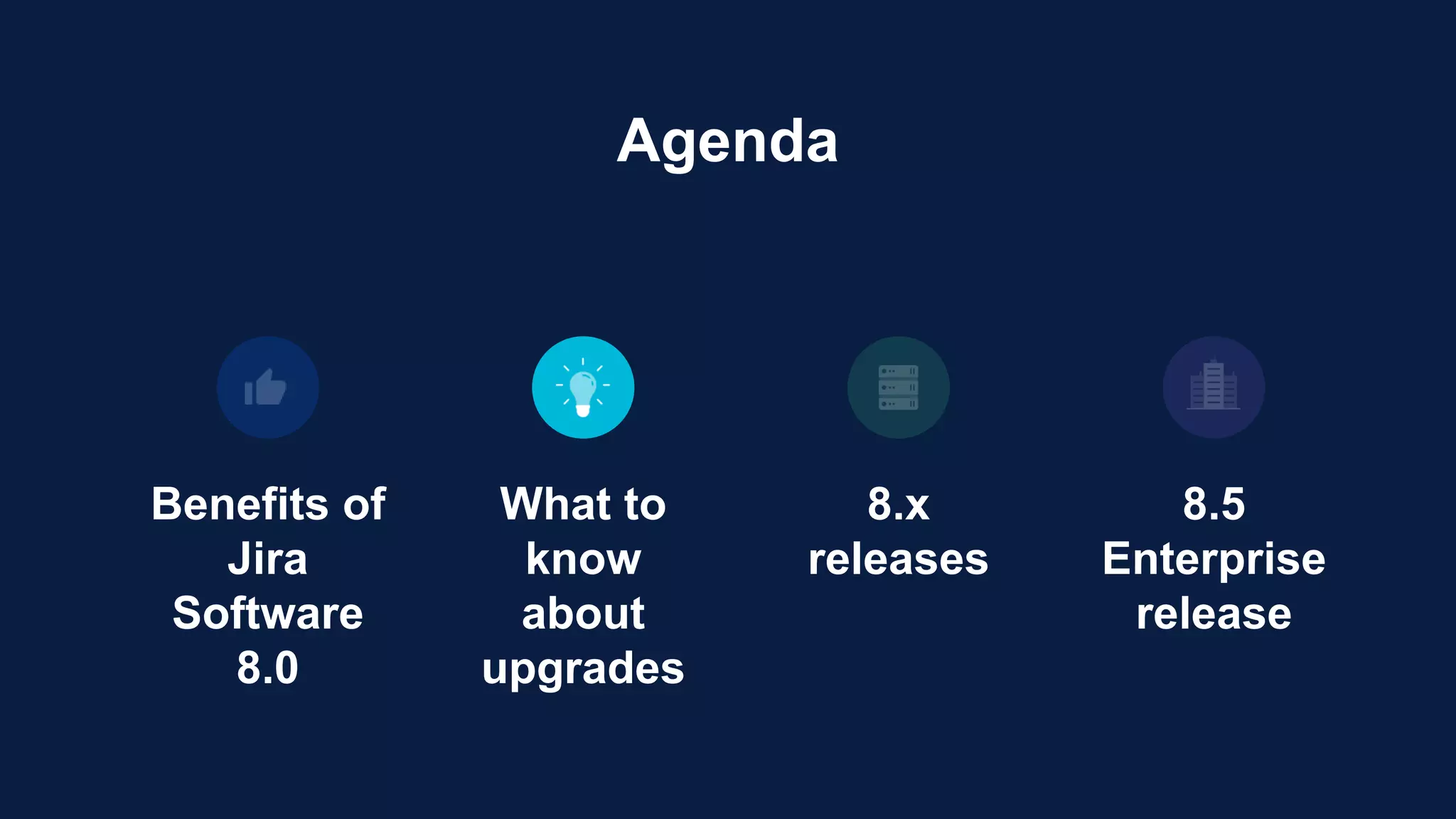 Benefits of
Jira
Software
8.0
What to
know
about
upgrades
Agenda
8.5
Enterprise
release
8.x
releases
 