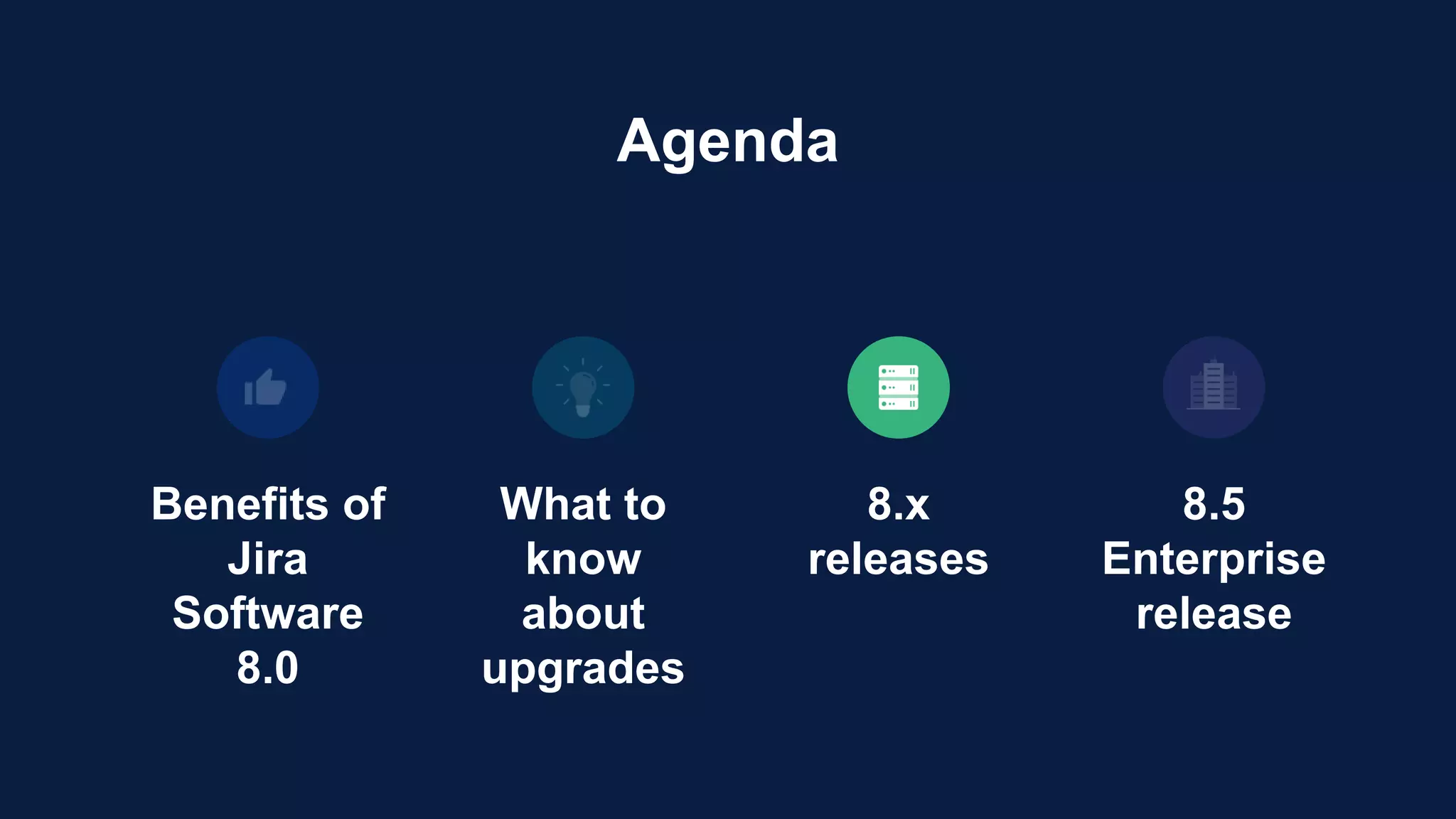 Benefits of
Jira
Software
8.0
What to
know
about
upgrades
8.x
releases
Agenda
8.5
Enterprise
release
 