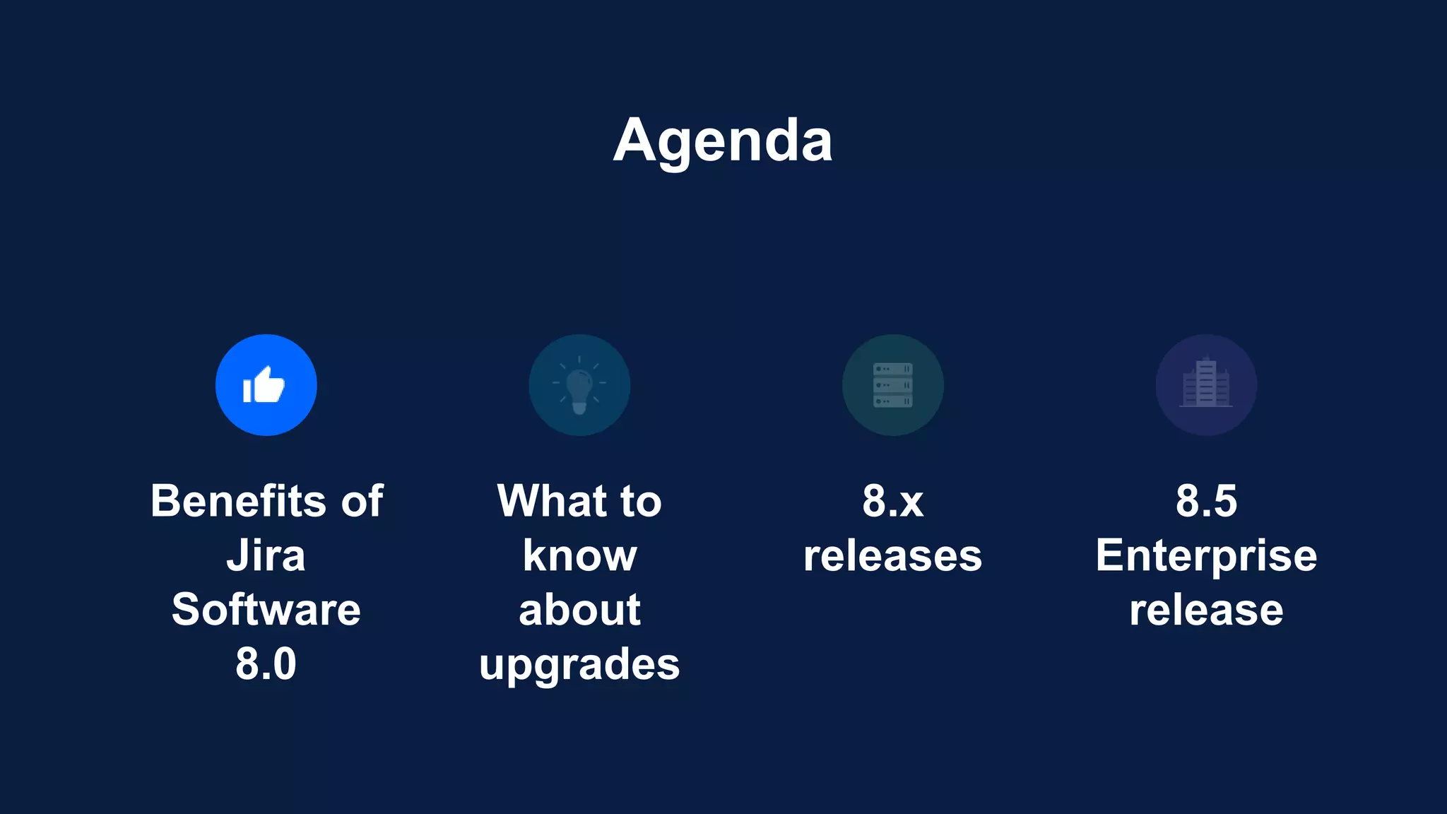 Benefits of
Jira
Software
8.0
What to
know
about
upgrades
8.x
releases
8.5
Enterprise
release
Agenda
 
