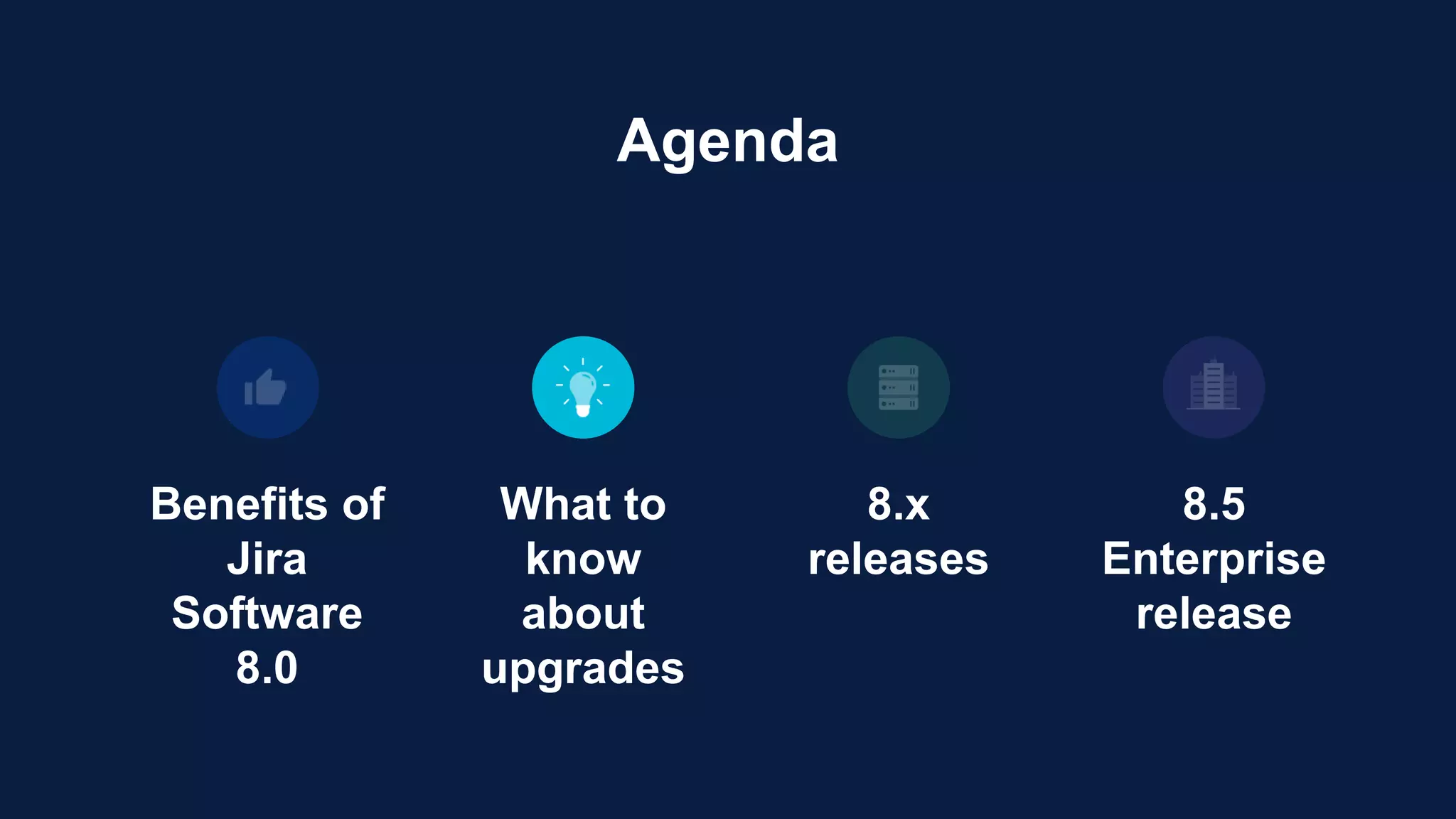 Benefits of
Jira
Software
8.0
What to
know
about
upgrades
8.x
releases
8.5
Enterprise
release
Agenda
 