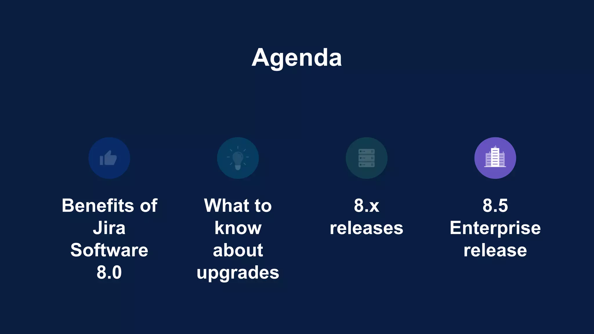 Benefits of
Jira
Software
8.0
What to
know
about
upgrades
8.x
releases
8.5
Enterprise
release
Agenda
 