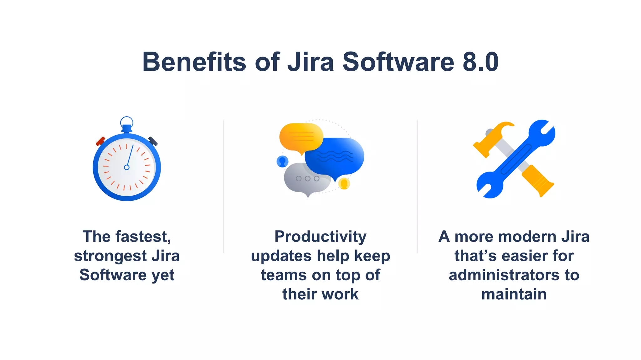 Productivity
updates help keep
teams on top of
their work
Benefits of Jira Software 8.0
A more modern Jira
that’s easier for
administrators to
maintain
The fastest,
strongest Jira
Software yet
 
