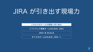 JIRA が引き出す現場力 
これからのチームの課題と取り組み 
ソフトウェア開発チームのための JIRA 
JIRA @ SCALE 
すべてのチームのための JIRA へ 
 