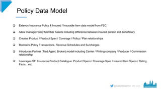 #CD22
Policy Data Model
 Extends Insurance Policy & Insured / Insurable Item data model from FSC
 Allow manage Policy Me...