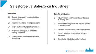 #CD22
Salesforce vs Salesforce Industries
Salesforce
 Generic data model / requires building
custom objects
 Integration...