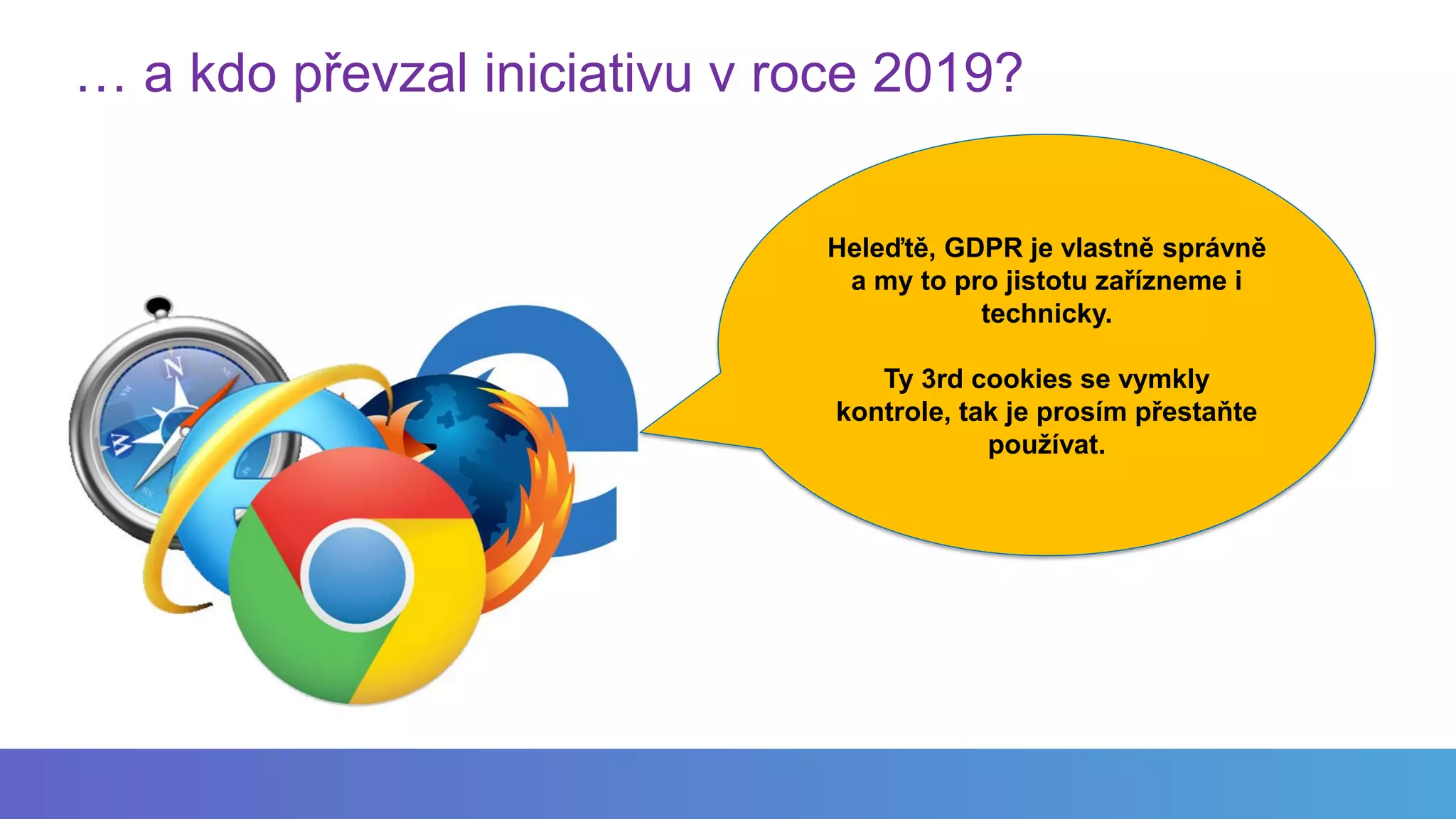 … a kdo převzal iniciativu v roce 2019?
Heleďtě, GDPR je vlastně správně
a my to pro jistotu zařízneme i
technicky.
Ty 3rd cookies se vymkly
kontrole, tak je prosím přestaňte
používat.
 