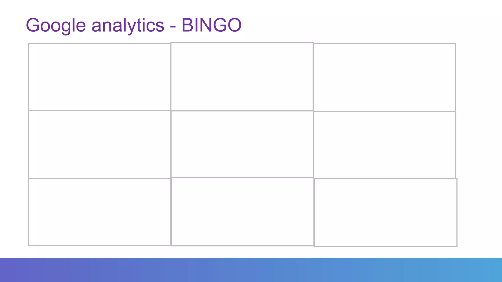 Google analytics - BINGO
My máme víc transakcí v
systému než GA!
Kdo je to ten
king145@gmail.com co má
admin práva?
Můžu dělat závěry ze 3%
samplu? Google to určitě
má správně!
Nějak nám nesedí
reporting Adwords a GA.
Tak mu nevěříme.
Tenhle website neměříme,
dělala ho jiná agentura
Opravdu máme na stránce
4 GA účty? Nene
Já datům z GA
nerozumím…
K čemu je ta dimenze 7?
To jsme nikdy nepoužili…
Tohle se asi přestalo měřit
po redesignu …
 