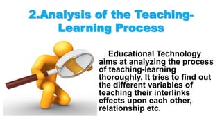 Educational Technology
aims at analyzing the process
of teaching-learning
thoroughly. It tries to find out
the different variables of
teaching their interlinks
effects upon each other,
relationship etc.
 