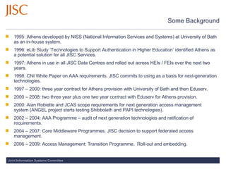 Some Background 1995: Athens developed by NISS (National Information Services and Systems) at University of Bath as an in-house system. 1996: eLib Study ‘Technologies to Support Authentication in Higher Education’ identified Athens as a potential solution for all JISC Services.  1997: Athens in use in all JISC Data Centres and rolled out across HEIs / FEIs over the next two years.  1998: CNI White Paper on AAA requirements. JISC commits to using as a basis for next-generation technologies.  1997 – 2000: three year contract for Athens provision with University of Bath and then Eduserv.  2000 – 2008: two three year plus one two year contract with Eduserv for Athens provision.  2000: Alan Robiette and JCAS scope requirements for next generation access management system (ANGEL project starts testing Shibboleth and PAPI technologies).  2002 – 2004: AAA Programme – audit of next generation technologies and ratification of requirements. 2004 – 2007: Core Middleware Programmes. JISC decision to support federated access management. 2006 – 2009: Access Management: Transition Programme.  Roll-out and embedding.  