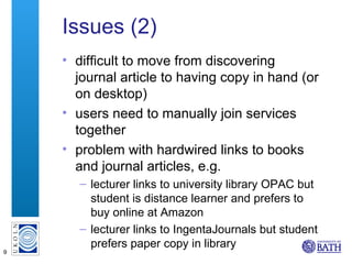 Issues (2) <ul><li>difficult to move from discovering journal article to having copy in hand (or on desktop) </li></ul><ul...