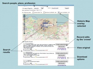 Search people, place, profession




                                   Historic Map
                                   overlay
                                   selected




                                   Record edits
                                   by the ‘crowd’



                                   View original
Search
results

                                   Download
                                   options
 