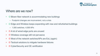13
Where are we now?
•  Blown fiber network is accommodating new buildings
– Footprint changes are inconvenient, not a crisis
•  Edge and Wireless keeps expanding with new and refurbished buildings
– 1,500 switches, 4,000 APs
•  A lot of wired edge ports are unused
•  Wireless coverage still not pervasive
•  Most of the network switches/APs are EoL (again)
•  Tactical solutions to mitigate hardware failures
•  CyberSecurity and CE certification
 