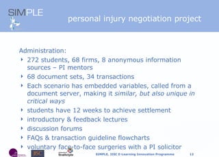 personal injury  negotiation project Administration: 272 students, 68 firms, 8 anonymous information sources – PI mentors 68 document sets, 34 transactions Each scenario has embedded variables, called from a document server, making it  similar, but also unique in critical ways students have 12 weeks to achieve settlement introductory & feedback lectures discussion forums FAQs & transaction guideline flowcharts voluntary face-to-face surgeries with a PI solicitor 