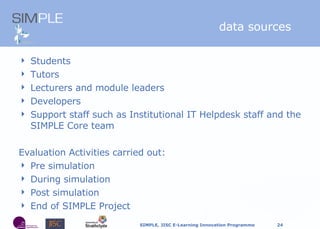Students Tutors Lecturers and module leaders Developers Support staff such as Institutional IT Helpdesk staff and the SIMPLE Core team Evaluation Activities carried out: Pre simulation During simulation Post simulation End of SIMPLE Project data sources  