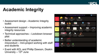 Academic Integrity
• Assessment design - Academic Integrity
toolkit
• Assessment support – Improving academic
integrity resources
• Technical approaches – Lockdown browser
pilot
• Better understanding of academic
misconduct – mini-project working with staff
and students
• Event with KCL and Phillip Dawson, Deakin
University – 13th June
 