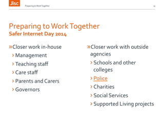 Preparing 
to 
Work 
Together 
13 
Preparing 
to 
Work 
Together 
Safer 
Internet 
Day 
2014 
» Closer 
work 
in-­‐house 
› Management 
› Teaching 
staff 
› Care 
staff 
› Parents 
and 
Carers 
› Governors 
» Closer 
work 
with 
outside 
agencies 
› Schools 
and 
other 
colleges 
› Police 
› Charities 
› Social 
Services 
› Supported 
Living 
projects 
 