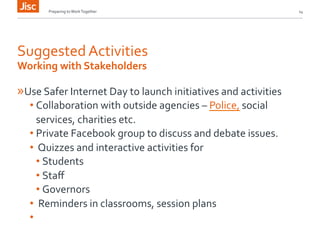 Preparing 
to 
Work 
Together 
14 
Suggested 
Activities 
Working 
with 
Stakeholders 
» Use 
Safer 
Internet 
Day 
to 
launch 
initiatives 
and 
activities 
• Collaboration 
with 
outside 
agencies 
– 
Police, 
social 
services, 
charities 
etc. 
• Private 
Facebook 
group 
to 
discuss 
and 
debate 
issues. 
• 
Quizzes 
and 
interactive 
activities 
for 
• Students 
• Staff 
• Governors 
• 
Reminders 
in 
classrooms, 
session 
plans 
• 
 