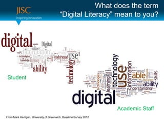 What does the term
                                          “Digital Literacy” mean to you?




 Student




                                                                    Academic Staff
From Mark Kerrigan, University of Greenwich, Baseline Survey 2012
 