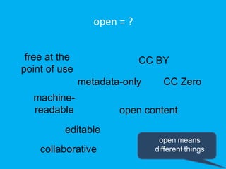 open = ?


 free at the                 CC BY
point of use
               metadata-only     CC Zero
  machine-
  readable             open content
          editable
    collaborative
 