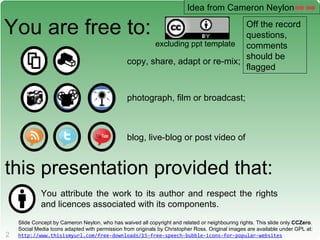 Idea from Cameron Neylon

You are free to:                                                               Off the record
                                                                               questions,
                                                        excluding ppt template comments
                                                                               should be
                                                 copy, share, adapt or re-mix;
                                                                               flagged


                                                 photograph, film or broadcast;



                                                 blog, live-blog or post video of


this presentation provided that:
             You attribute the work to its author and respect the rights
             and licences associated with its components.
    Slide Concept by Cameron Neylon, who has waived all copyright and related or neighbouring rights. This slide only CCZero.
    2
    Social Media Icons adapted with permission from originals by Christopher Ross. Original images are available under GPL at:
2   http://www.thisismyurl.com/free-downloads/15-free-speech-bubble-icons-for-popular-websites
 