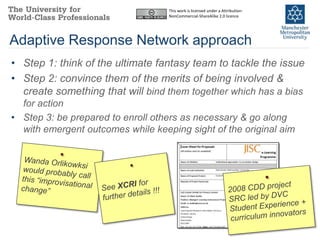 This work is licensed under a Attribution-
                                   NonCommercial-ShareAlike 2.0 licence




Adaptive Response Network approach
• Step 1: think of the ultimate fantasy team to tackle the issue
• Step 2: convince them of the merits of being involved &
  create something that will bind them together which has a bias
  for action
• Step 3: be prepared to enroll others as necessary & go along
  with emergent outcomes while keeping sight of the original aim
 