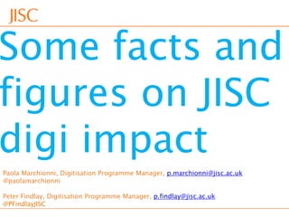 Some facts and
figures on JISC
digi impact
Paola Marchionni, Digitisation Programme Manager, p.marchionni@jisc.ac.uk
@paolamarchionni

Peter Findlay, Digitisation Programme Manager, p.findlay@jisc.ac.uk
@PFindlayJISC
 