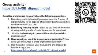 Group activity -
https://bit.ly/SE_digmat_model
Consider and discuss on your tables the following questions:
1. Describing maturity levels- If you could describe 3 levels of
digital maturity for all aspects of university business/activities
what terms would you use.
2. Identifying maturity levels - What do you think of the notion
of using a sliding scale of maturity reached for each level
3. What is the best way to present the maturity model to
enable its use?
4. How would you use this in your own organisation? How
could you encourage a cross-organisation approach?
5. Use the padlet to record your discussions and prepare to
feedback key points
https://padlet.com/sarah_knight7/SE_digmat_model
17
 